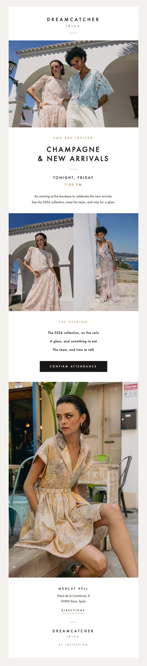 Champagne & new arrivals email designed for DreamCatcher Ibiza