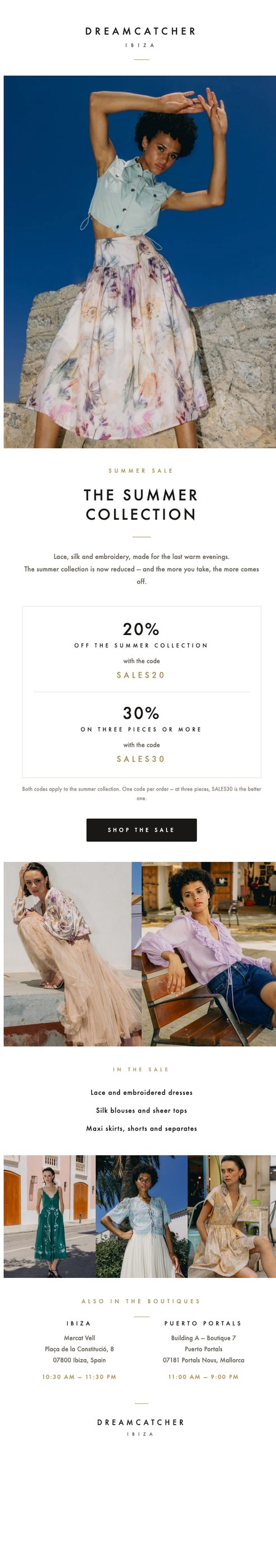 Summer sale campaign email designed for DreamCatcher Ibiza